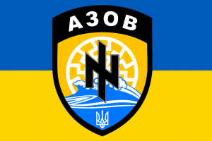 L'emblema del reggimento Azov. Sullo sfondo, in bianco, il sole nero. In primo piano il Wolfsangel. Entrambi i simboli provengono dall'iconografia nazionalsocialista