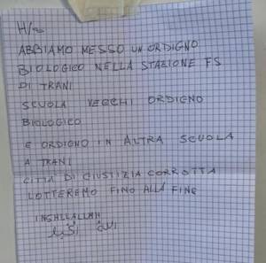 Allarme bomba a Trani: il biglietto con le minacce riporta una sigla araba