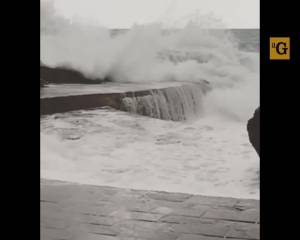 Vernazza. Turista si tuffa fra le onde che si infrangono sul molo