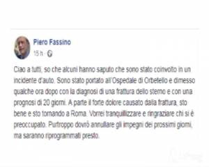 Fassino ferito in un incidente d’auto, frattura allo sterno