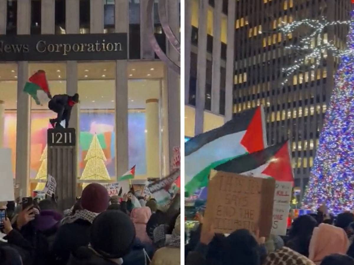 “quémalo.”  Una manifestación pro Palestina en Nueva York apunta a un árbol de Navidad