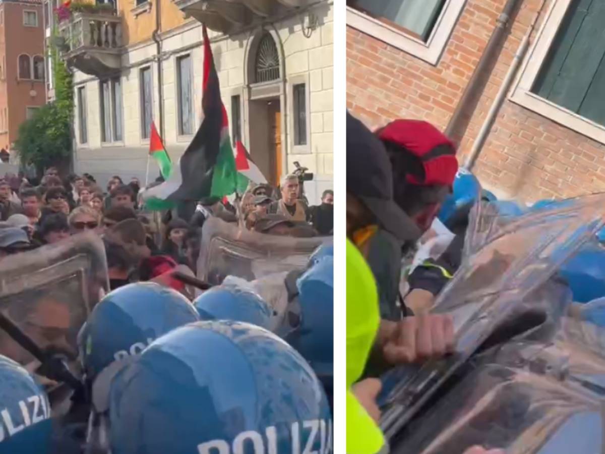 G7 a Venezia, antagonisti in piazza con caschi ed elmetti. Scontri con la polizia