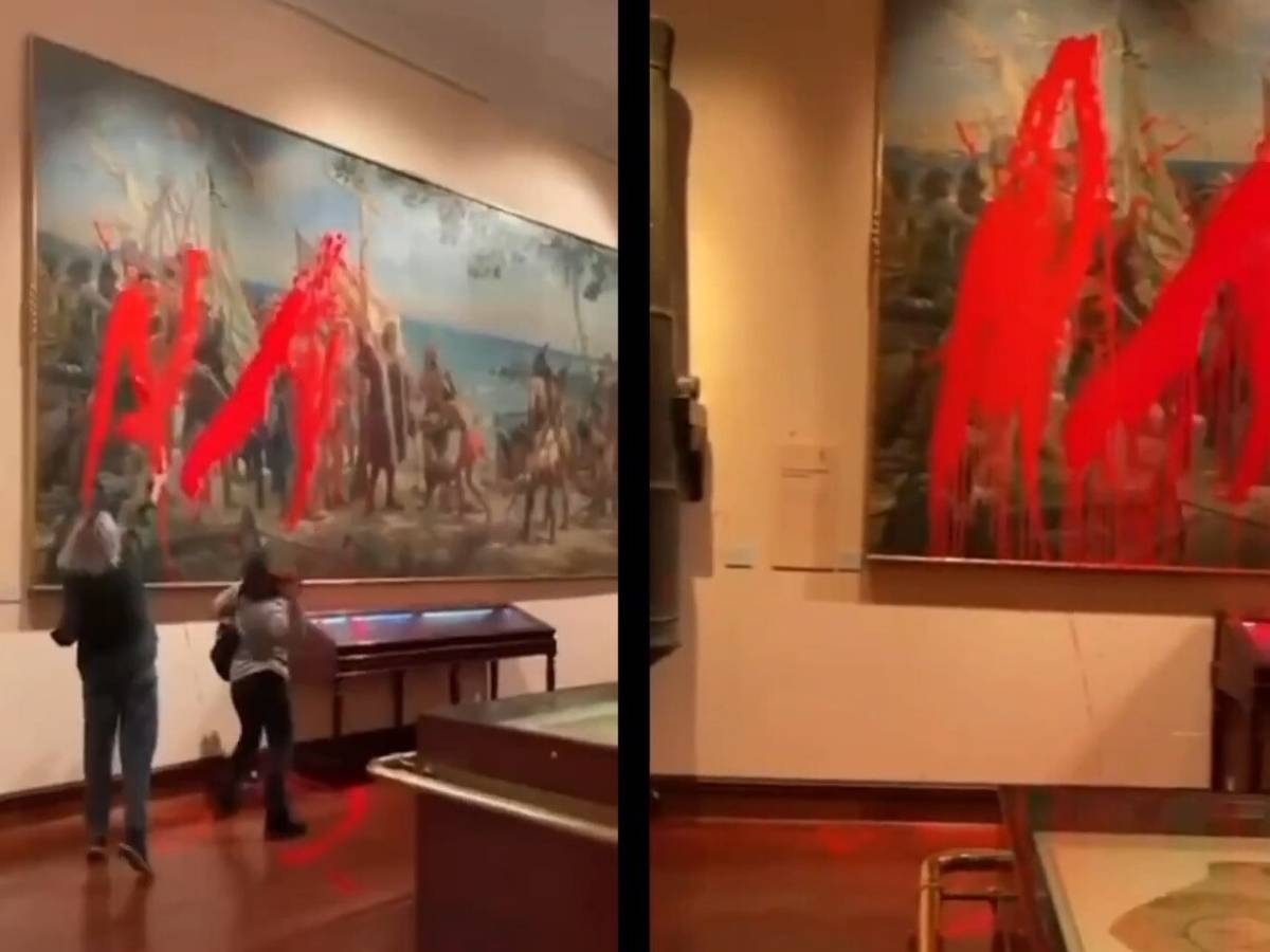 Ecovandali contro Cristoforo Colombo: vernice su un quadro a Madrid Ecovandali contro Cristoforo Colombo: vernice su un quadro a Madrid