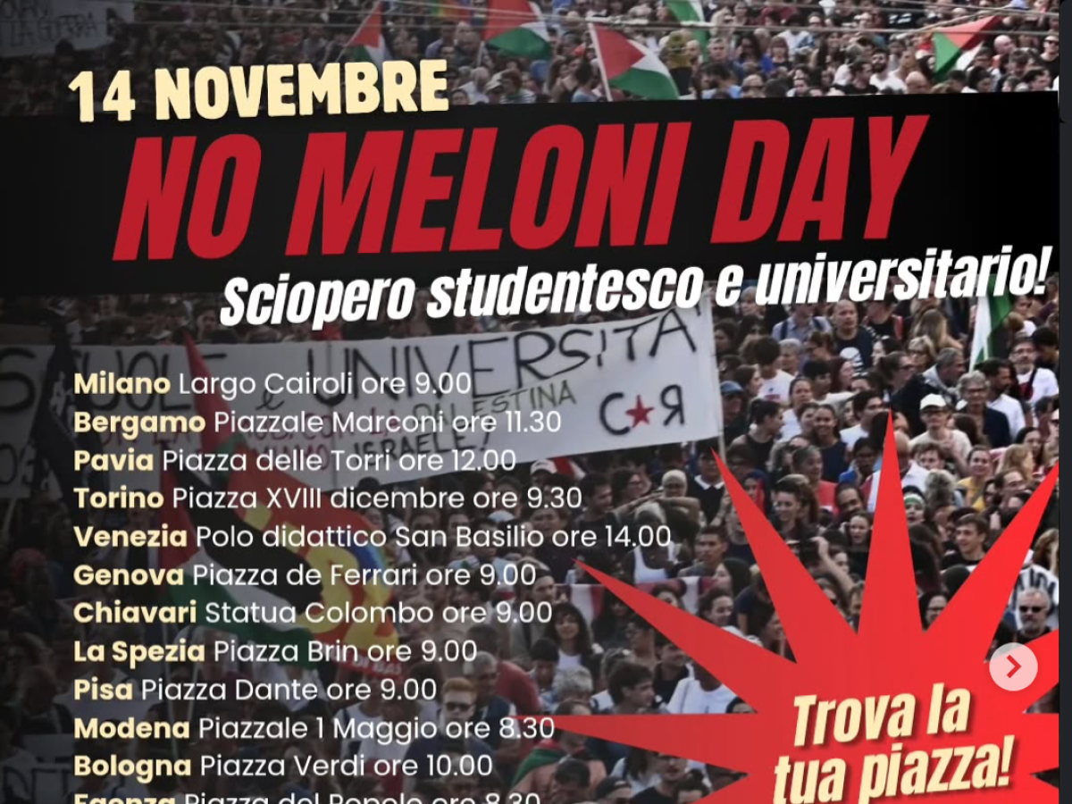 "Blocchiamo tutto". Collettivi rossi pronti a occupare 35 piazze per il "No Meloni Day" "Blocchiamo tutto". Collettivi rossi pronti a occupare 35 piazze per il "No Meloni Day"
