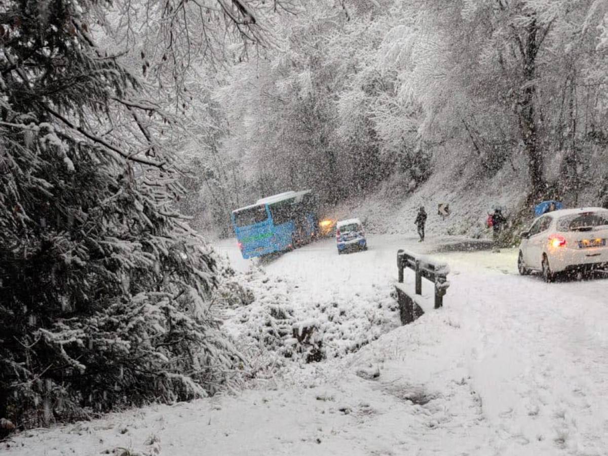 Bergamo, bus con studenti scivola sulla neve e si ferma davanti a una scarpata: nessun ferito Bergamo, bus con studenti scivola sulla neve e si ferma davanti a una scarpata: nessun ferito