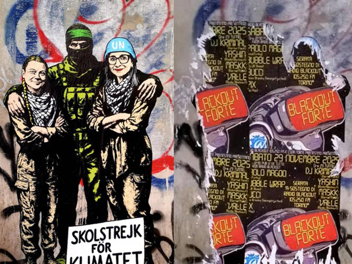 Roma, vandalizzato il murales di Albanese e Greta con il terrorista di Hamas Roma, vandalizzato il murales di Albanese e Greta con il terrorista di Hamas