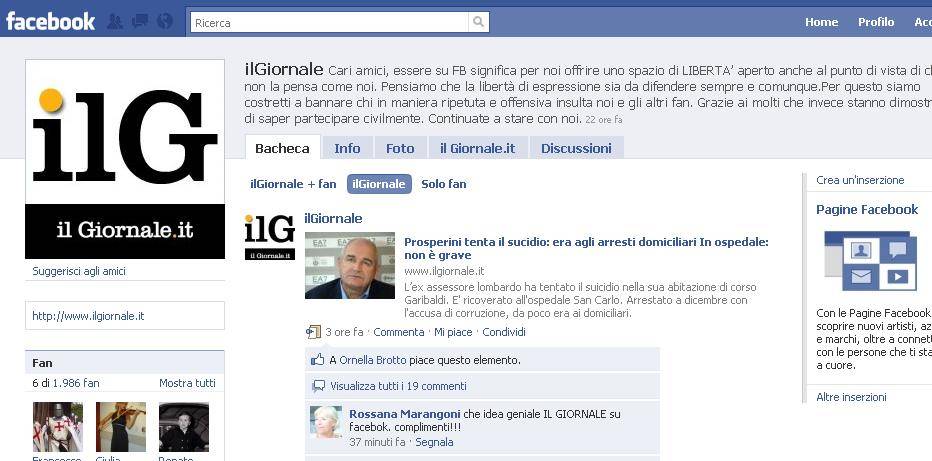 Il successo del Giornale su Facebook: 
2000 fan in meno di una giornata