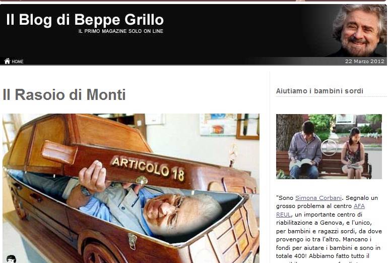 Il nuovo delirio di Grillo: mette Monti in una bara