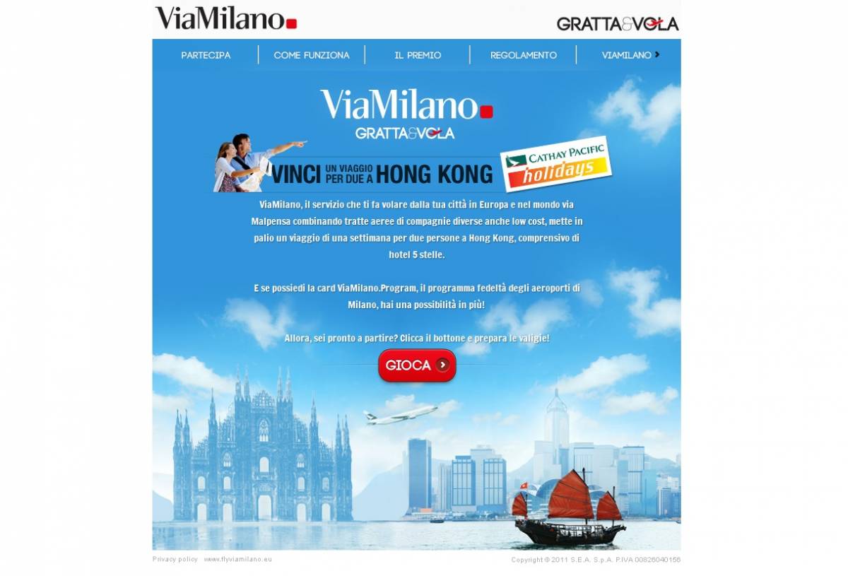 "Viamilano Gratta&Vola"  e si vince un viaggio a Hong Kong per due