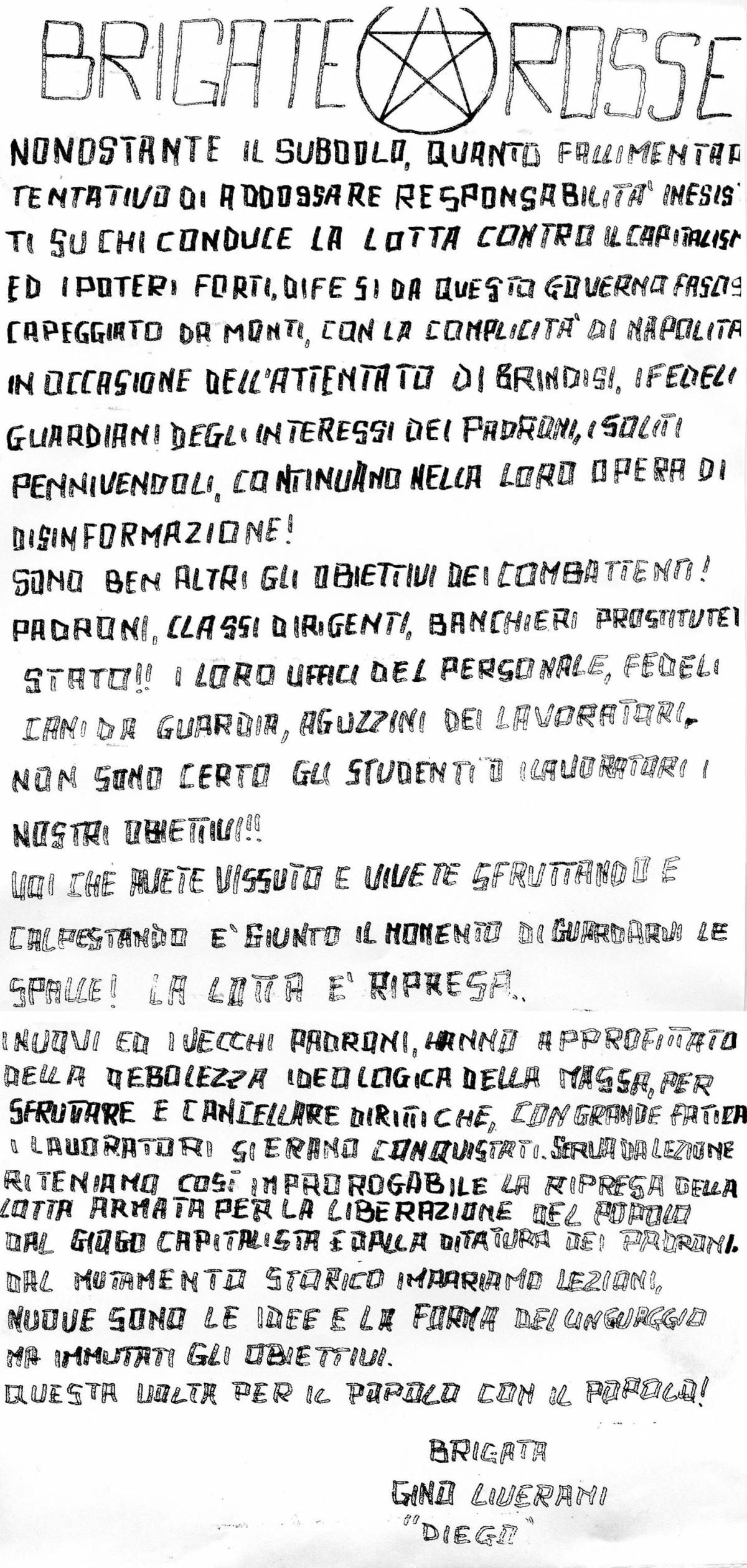 Ancona, Lettera "Br" all'Ansa "Non colpiamo gli studenti"