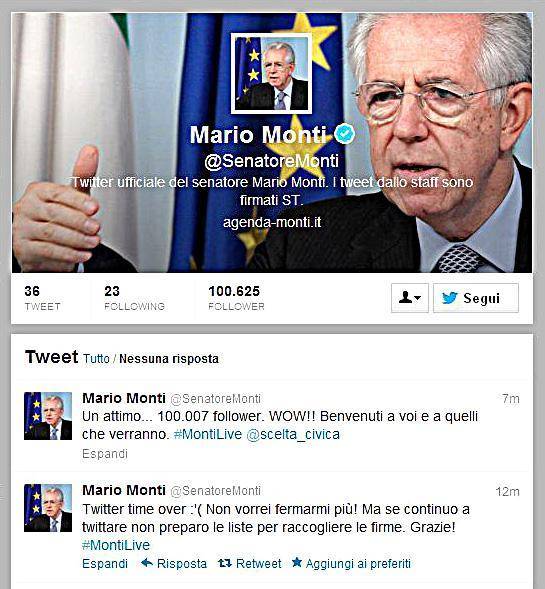 Su Twitter Monti fa il modesto: "Mi sento pioniere della politica"