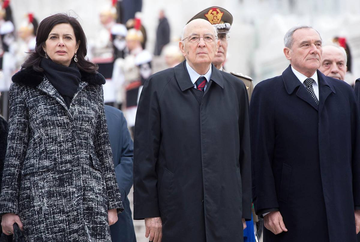 Il Presidente della Repubblica Giorgio Napolitano con i neo presidenti di Camera e Senato, Laura Boldrini e Pietro Grasso