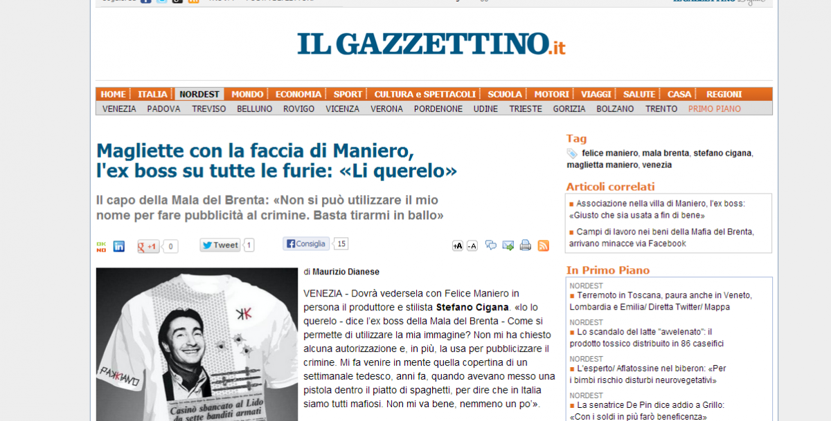 T-shirt con la faccia di Maniero, ma il boss del Brenta si offende...