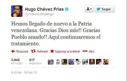 Chavez: "Sono tornato in patria"