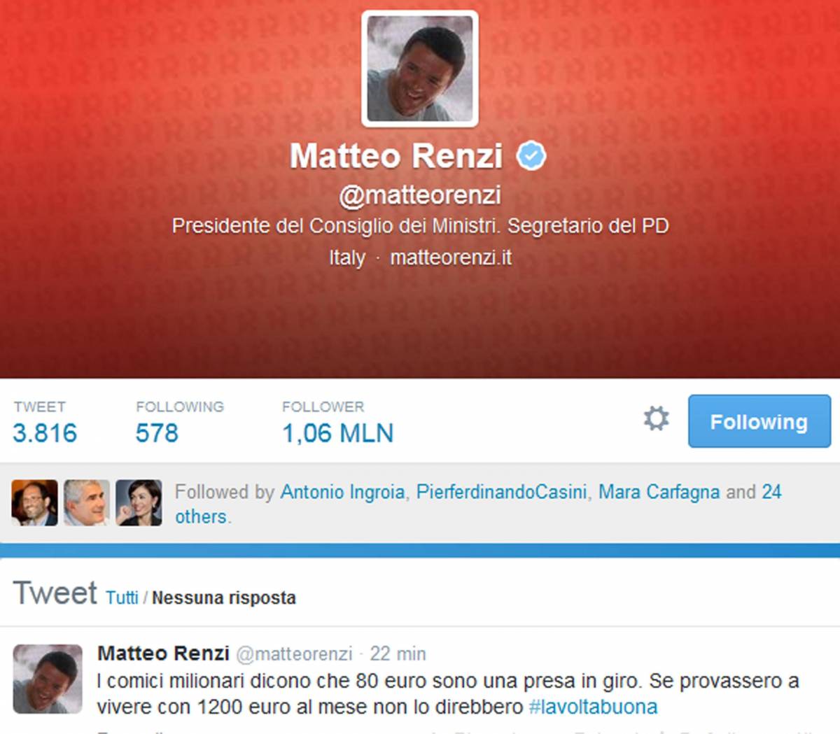 Il premier Matteo Renzi su Twitter contro Beppe Grillo