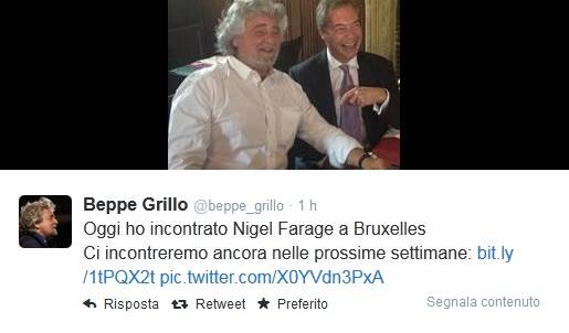 Beppe Grillo vola a Bruxellese e vede Nigel Farage