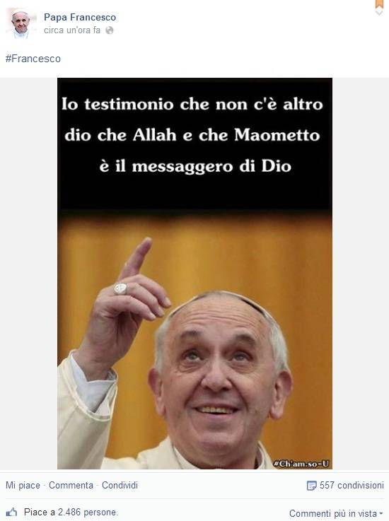 Hackerato un profilo Fb (non ufficiale) del Papa: "L'unico Dio è Allah"