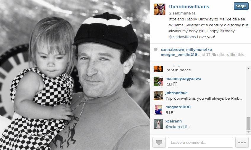 Robin Williams con la figlia Zelda, in una foto su Instagram