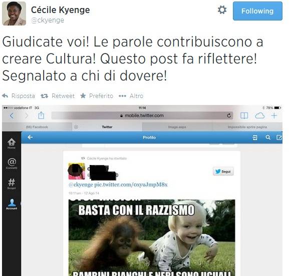 La bimba e l'orango. Kyenge denuncia un tweet razzista