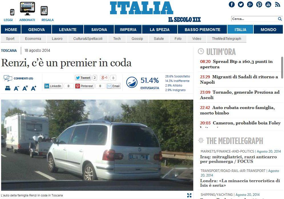 La foto dell'auto di Renzi in coda pubblicata dal Secolo XIX