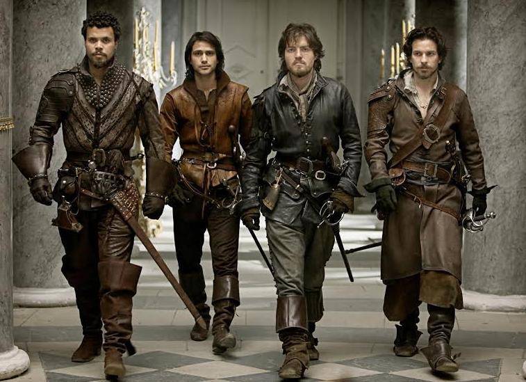 Da sinistra Howard Charles (Porthos), Luke Pasqualino (D'Artagnan), Tom Burke (Athos)  e Santiago Cabrera (Aramis)