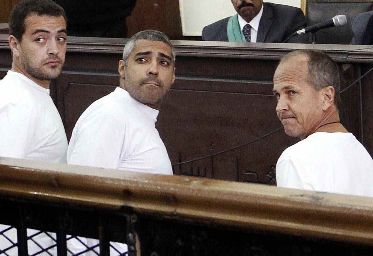 Da sinistra a destra: Mohamed Fahmy, Baher Mohamed e Peter Greste