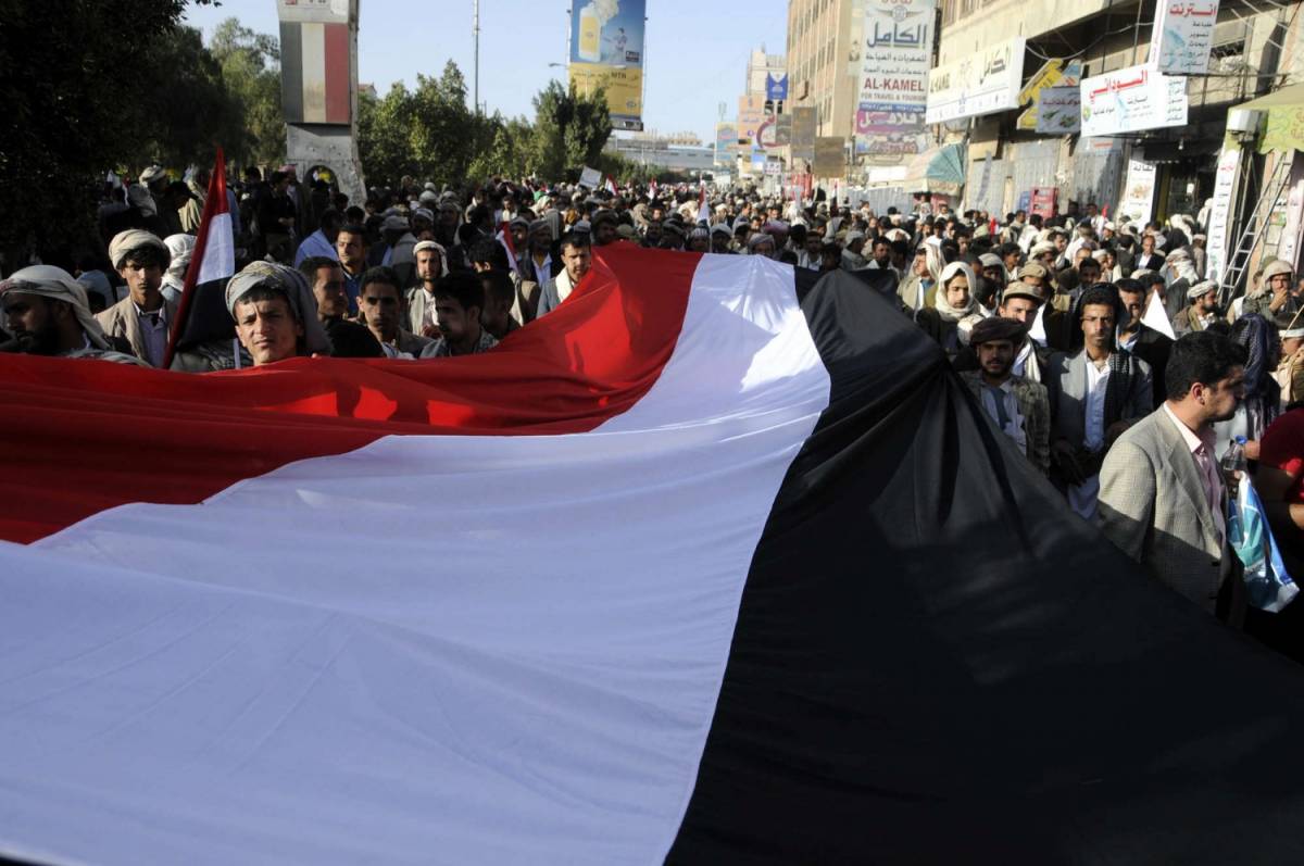 Una manifestazione per il quarto anniversario della Rivoluzione del 2011 in Yemen