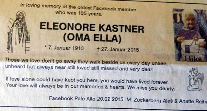 Muore la nonnina di Facebook e Zuckerberg le dedica un necrologio