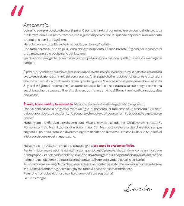 Arriva la risposta della moglie infedele alla lettera di Enzo ...