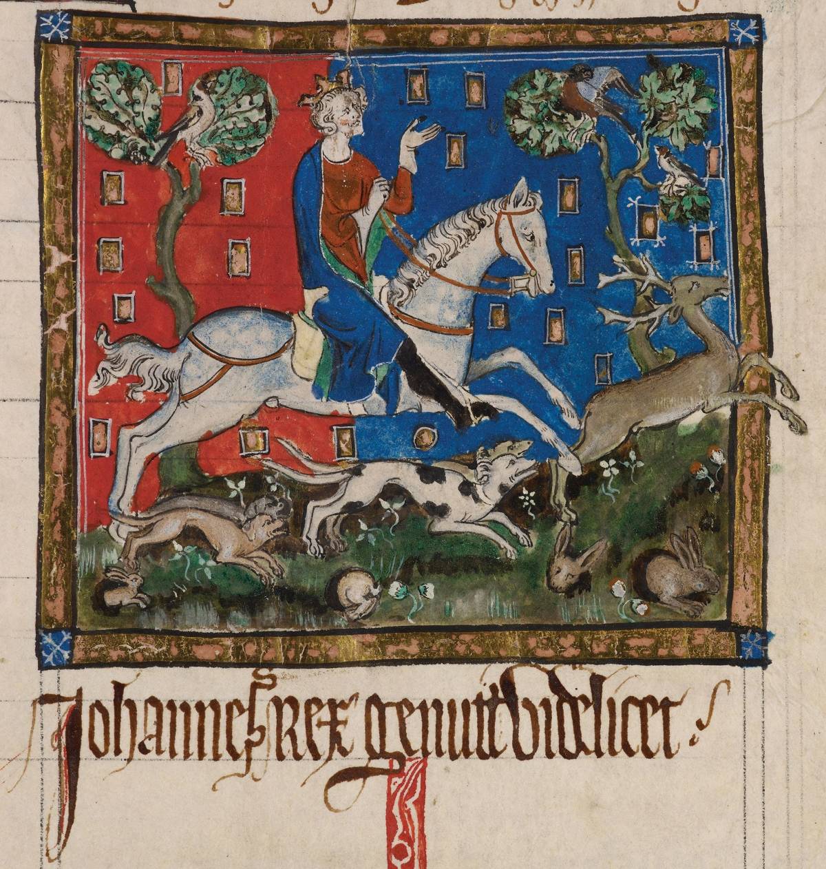 Giovanni Senzaterra cacciatore (miniatura del Liber Legum Antiquorum Regum, 1300)