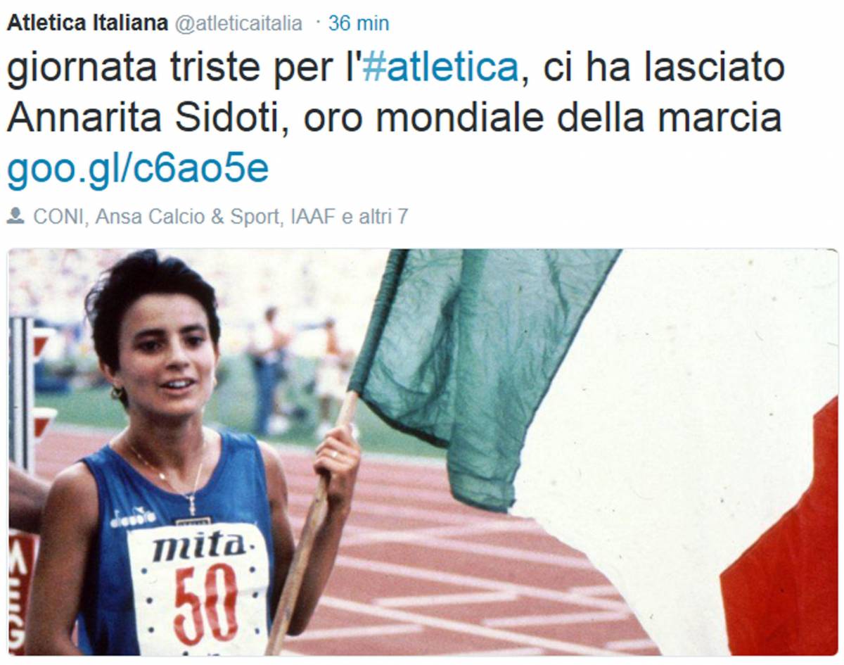 L'annuncio della morte di Annarita Sidoti sulla pagina Twitter della Federazione italiana di atletica leggera