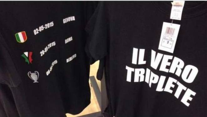 Compra 10mila t-shirt con la scritta Triplete. Tifoso juventino in rovina