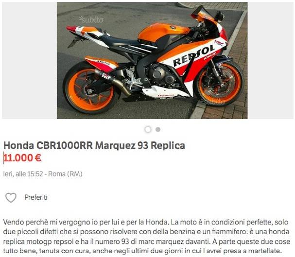 Annuncio di vendita per la sua Honda CBR: "La vendo perché mi vergogno"