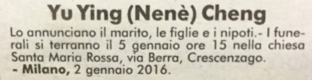 Quel necrologio della nonnina sfata il cliché sui cinesi in Italia