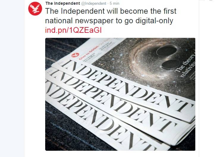 Independent, basta carta: resta solo su Internet