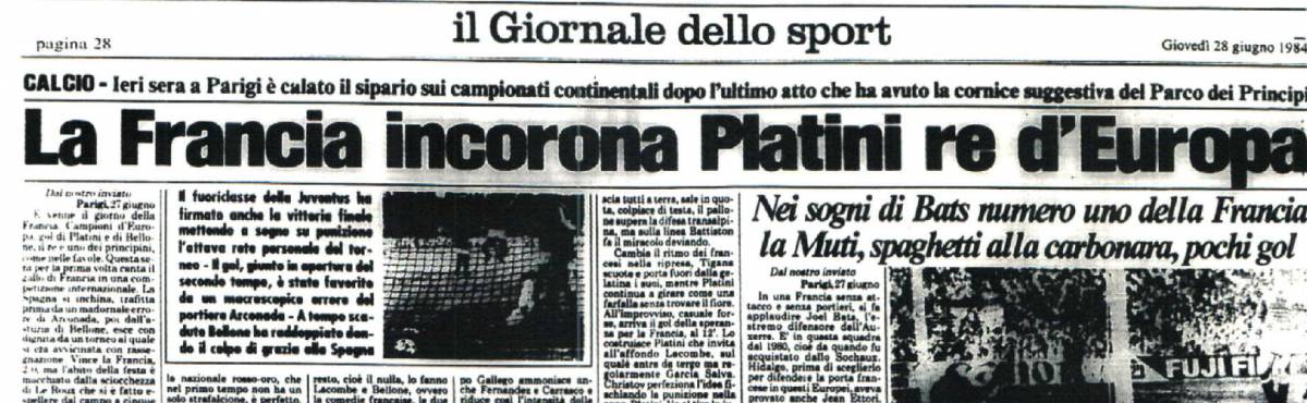 Sopra, il gol di Platini nella finale con la Spagna. Sotto, il Giornale celebra così il successo della Francia