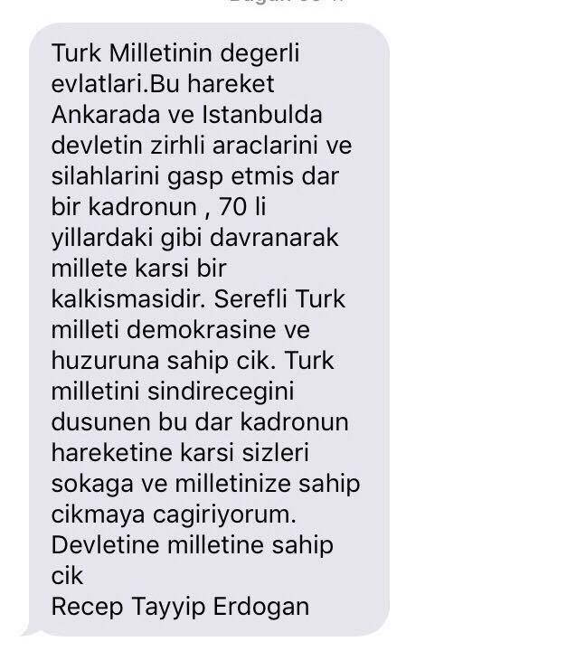 Il testo integrale dell'sms di Erdogan al popolo turco