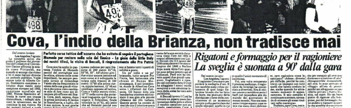 La pagina sportiva del «Giornale» che racconta l’impresa di Alberto Cova alle Olimpiadi di Los Angeles 1984