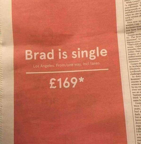 "Brad is single", geniale pubblicità della Norwegian Airlines