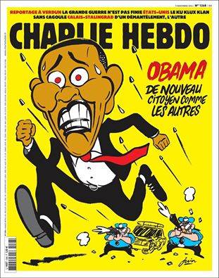 Le elezioni Usa secondo Charlie Hebdo: Obama fugge dai poliziotti bianchi