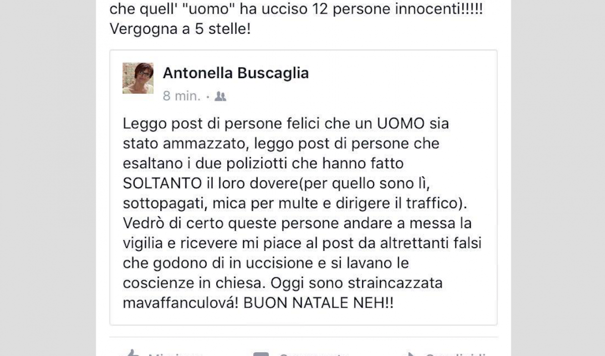 Grillina: "Terrorista ucciso? Un omicidio". Salvini risponde: "Vaff.."