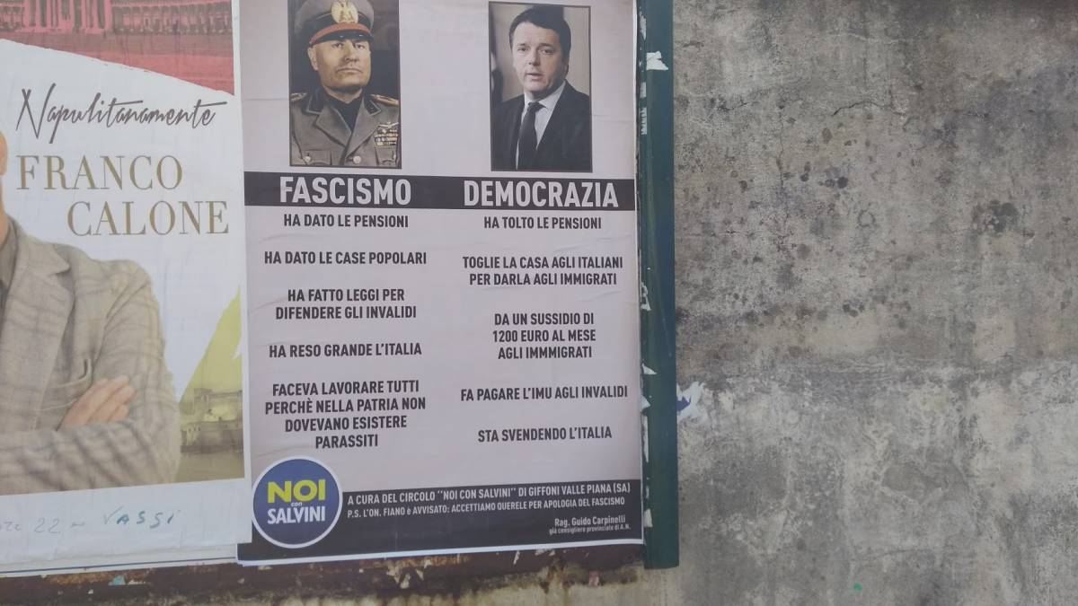 Manifesto anti-Pd: "Il Duce? Meglio di Renzi. Fiano ci quereli"