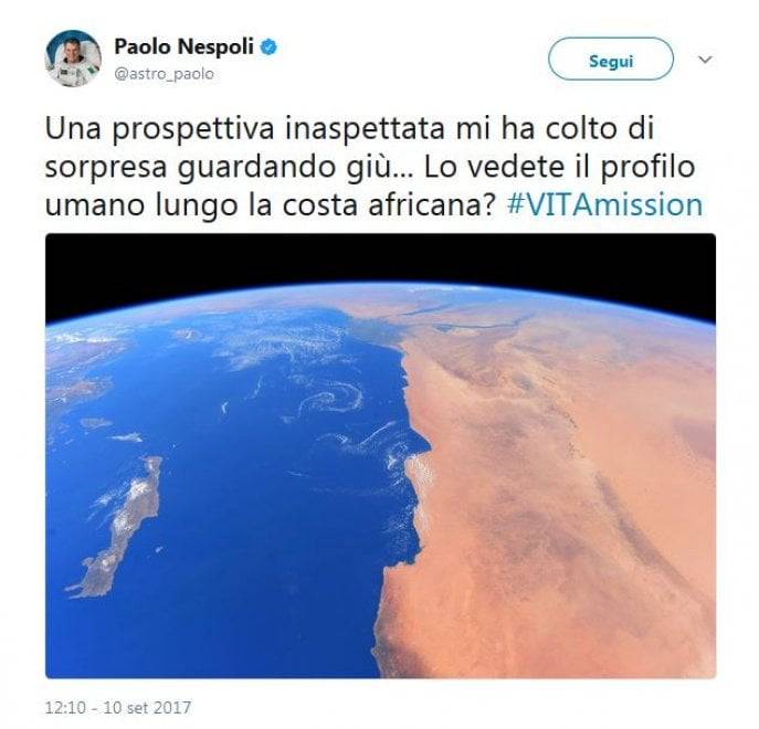 La foto dallo spazio di Nespoli: "Sulla costa un profilo umano"