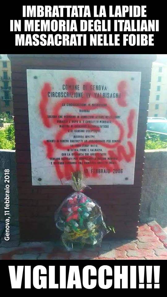 Genova, imbrattata la lapide in memoria delle vittime delle foibe