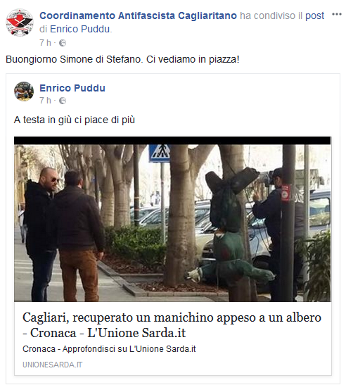 Comizio di CasaPound a Cagliari: manichino impiccato a testa in giù