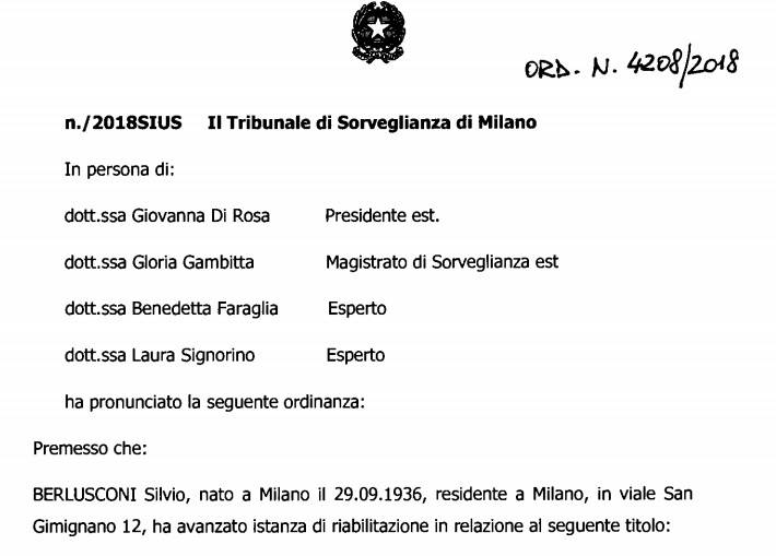 La riabilitazione di Berlusconi: il documento del tribunale di sorveglianza