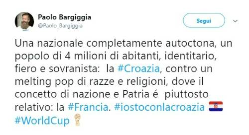 Bufera su Paolo Bargiggia per il tweet identitario pro Croazia e contro la Francia: "È razzismo"