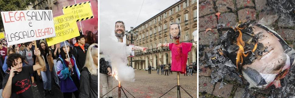 Torino, gli studenti in rivolta bruciano i manichini di Salvini e Di Maio