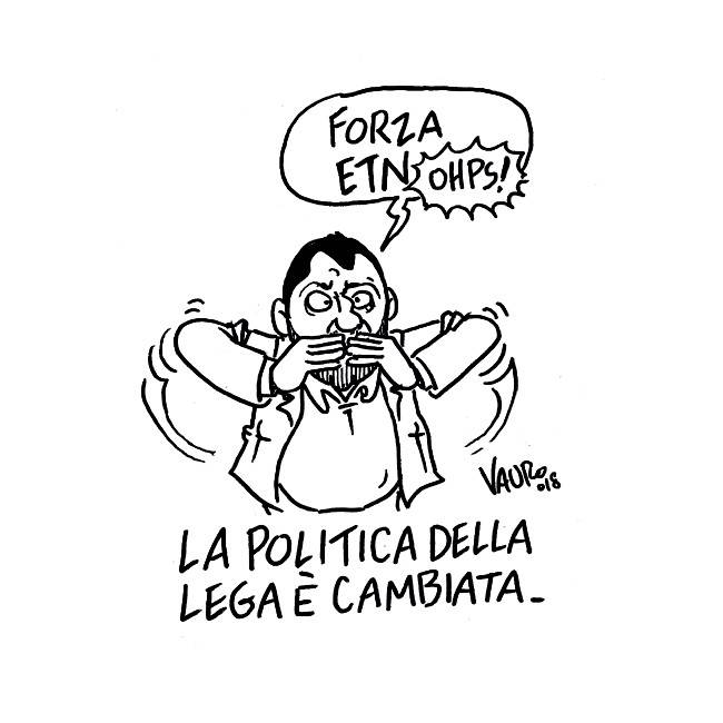 Vignetta choc di Vauro: pur di attaccare Salvini sfrutta il dramma dell'Etna