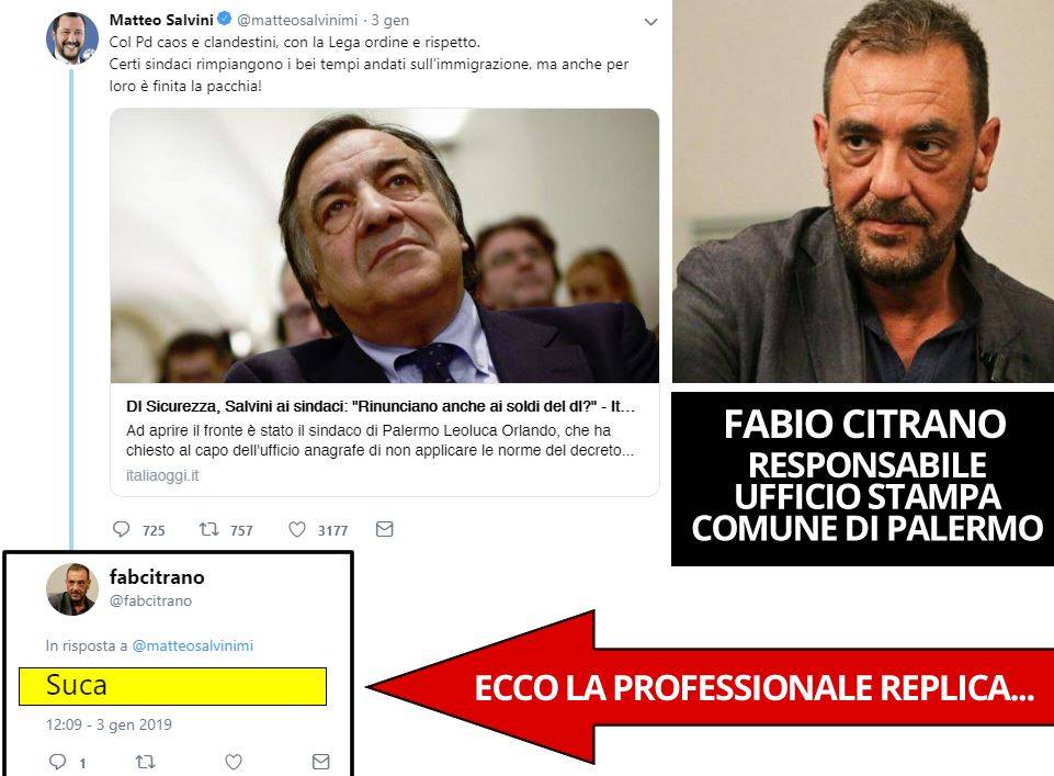 Addetto stampa di Orlando insulta Salvini. Su Twitter scrive: "Suc..."